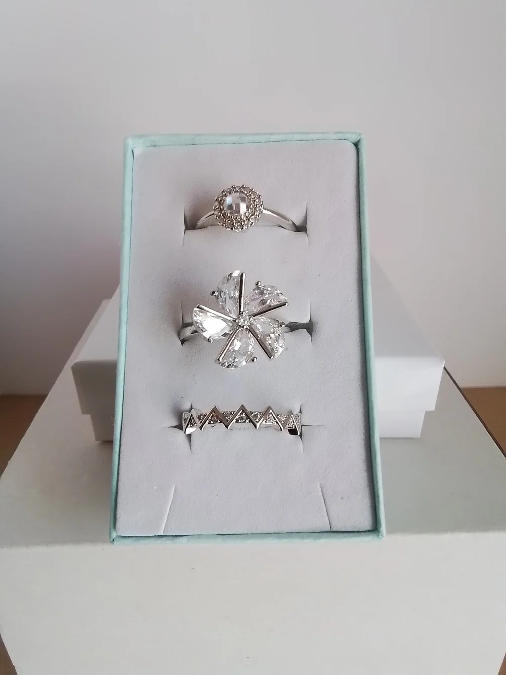 White Gold Plated Clear Crystal Flower Ring Set, Size 9 - Picture 2 of 5